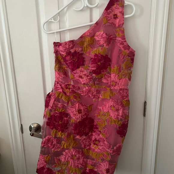 Showpo Size 8 Brailey Jacquard One Shoulder pink/yellow Dress - Picture 10 of 11